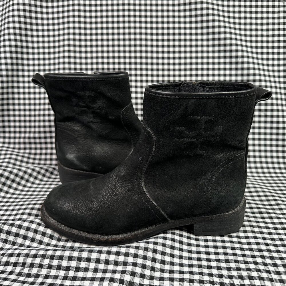 Tory Burch Simone Suede Leather Moto Ankle Bootie Side Zip Logo Black Womens 7.5